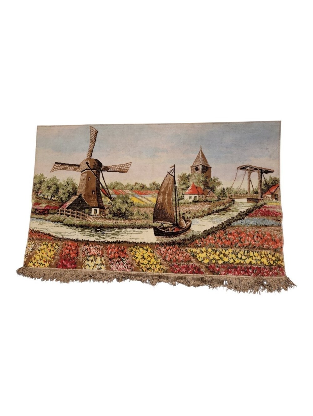 Vintage Woven Dutch Pastoral Scene Windmill Tulips Scene Wall Hanging Or Rug